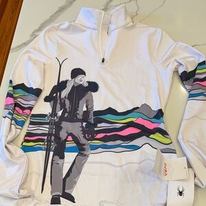 Spyder  White Graphic Ski Pullover with Colorful Stripes